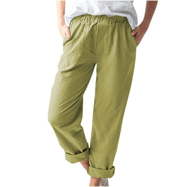Fesfesfes Linen Pants for Women Solid Color Elastic Waist Band Casual Pants Loose Comfortable Straight Leg Capri Pants with Pockets