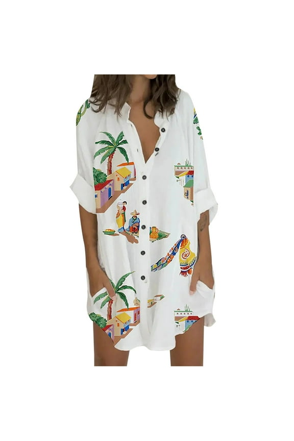 Linen Shirt Dress for Women Short Mini Dress 3/4 Sleeve Blouse Dress V Neck Buttons Down Loose Casual Floral Print Mini Dress with Pockets