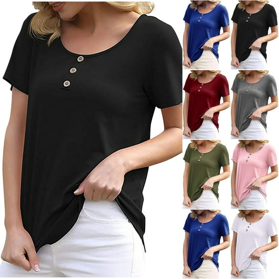 Fesfesfes Linen Tops for Women's Casual Loose Solid Color Crewneck Short Sleeve Button T-Shirt Tops 10(XL)