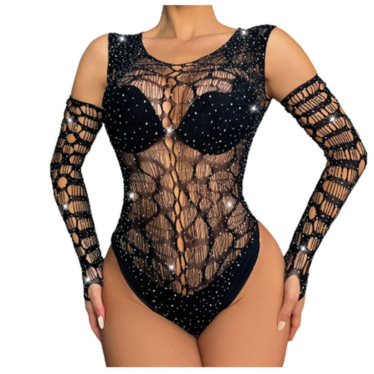 Fesfesfes Lingerie For Women Fishnet Erotic Lingerie Rhinestones Mesh  Bodysuit Jumpsuit Naughty Outfit 