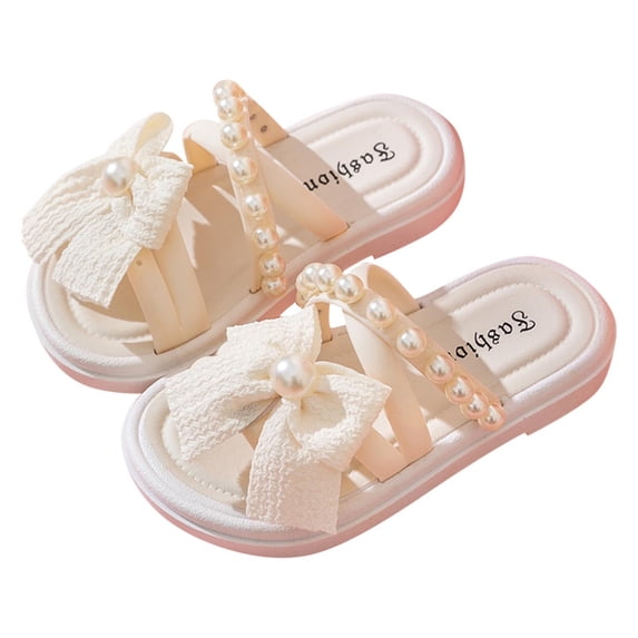 Fesfesfes Little Girls' Summer Bow Pearl Sandals,Thick Bottom Mid Heel Roman Sandals,Non Slip Flexible Casual Beach Shoes,Fashion Kids Open Toe Outdoor Daily Shoes
