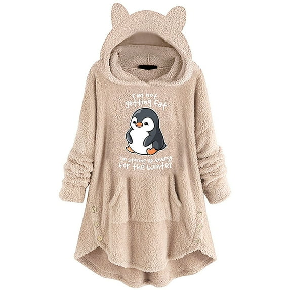 Fesfesfes Long Hoodie Dress Women Cute Cat Pattern Flannel Shirt Winter Fleece Hooded Dress Plush Tops For Teen Girls