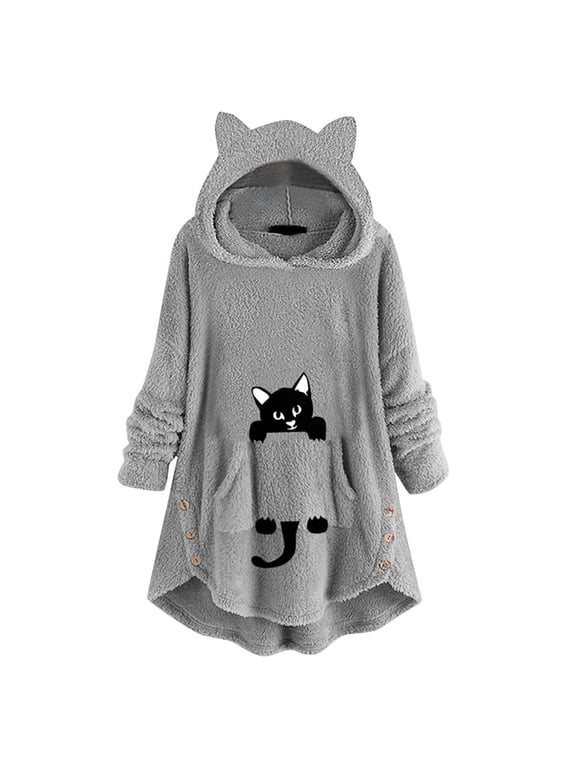 Long Hoodie Dress Women Flannel Shirt Cute Pattern Winter Fleece Hooded Blanket Tunic Plush Tops For Teen Girls