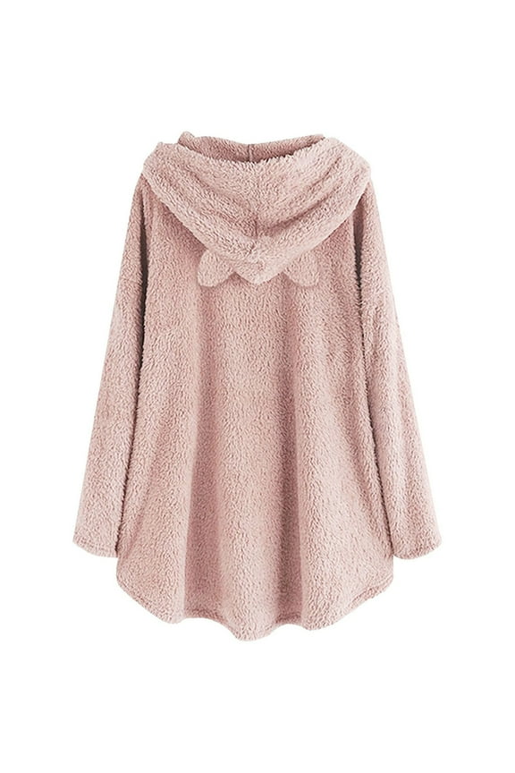 Long Hoodie Tops Women Cute Pattern Winter Cat Ear Fleece Fuzzy Hooded Blanket Dress Plush Tops For Teen Girls