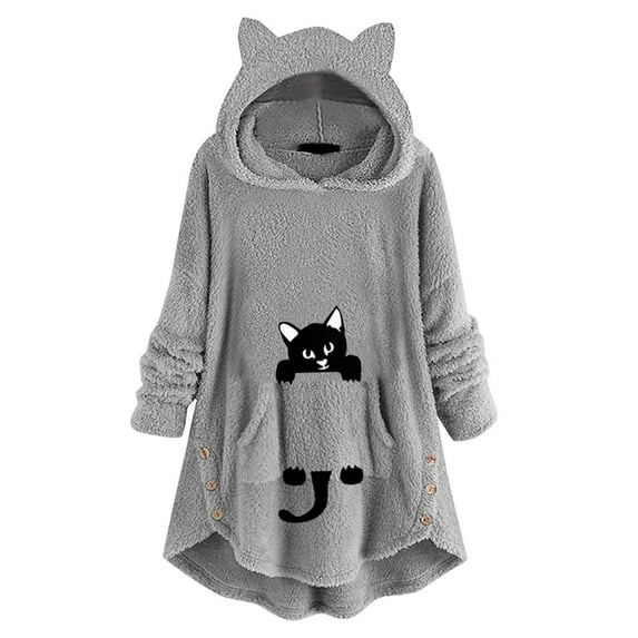 Fesfesfes Long Hoodie Tops Women Cute Pattern Winter Cat Ear Fleece Fuzzy Hooded Blanket Dress Plush Tops For Teen Girls Clothes Sale