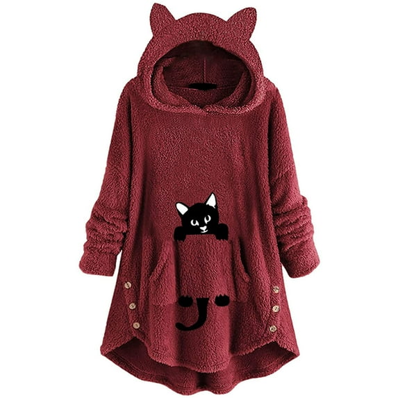Fesfesfes Long Hoodie Tops Women Cute Pattern Winter Cat Ear Fleece Fuzzy Hooded Blanket Dress Plush Tops For Teen Girls Tops on