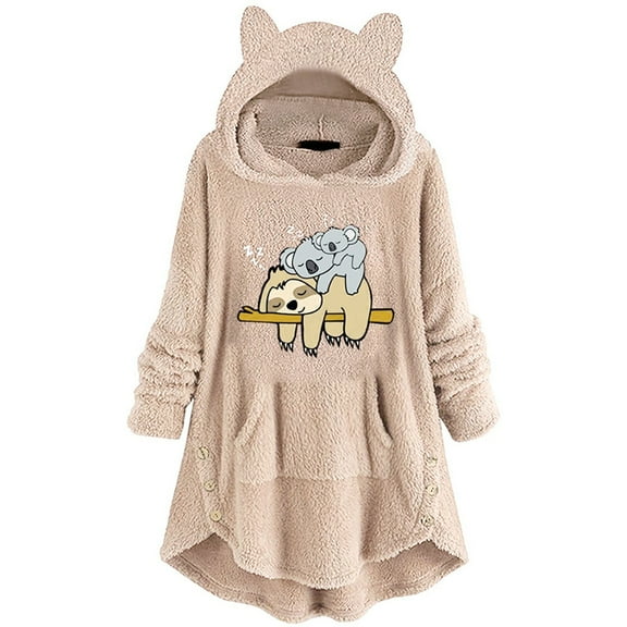 Fesfesfes Long Hoodie Tops for Women Cute Pattern Winter Cat Ear Fleece Fuzzy Hooded Blanket Dress Plush Tops For Teen Girls