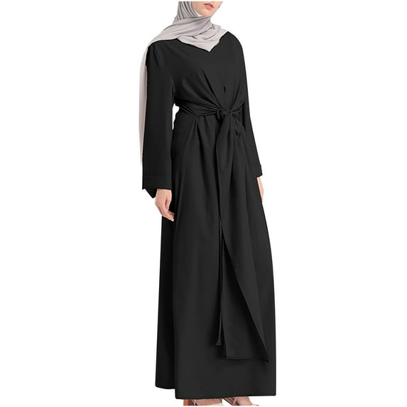 Fesfesfes Long Sleeve Dress Round Neck Belt Dress Women Solid Robe Vintage Elegant Swing Kaftan Party Dress Plus Size $10