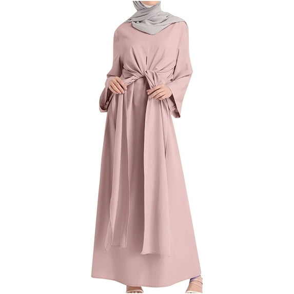 Fesfesfes Long Sleeve Dress Round Neck Belt Dress Women Solid Robe Vintage Elegant Swing Kaftan Party Dress Plus Size $10