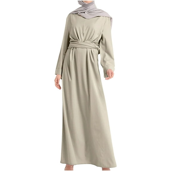 Fesfesfes Long Sleeve Dress Round Neck Belt Dress Women Solid Robe Vintage Elegant Swing Kaftan Party Dress Under $10