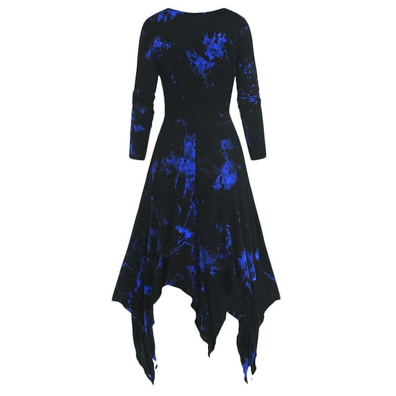 Fesfesfes Long Sleeve Dresses For Women Dress Plus Size Tie-Dye Print Lace-up Handkerchi Gothic Dress