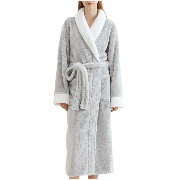 Fesfesfes Long Sleeve Flannel Bathrobe for Women and Men Cozy Fleece Robe with Pockets and Belt Soft Warm Plush Loungewear Home Wear Winter Nightgown Housecoat(Gray#3,M)