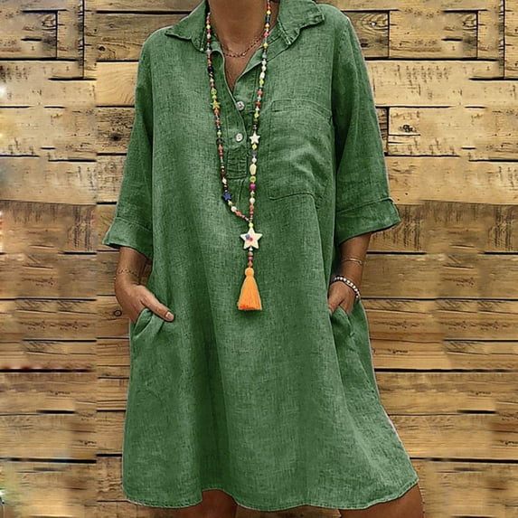 Fesfesfes Long Sleeve Linen Dresses for Women Loose V-Neck Solid Color Dress 3/4 Sleeve Tunic Dress Robe Dress