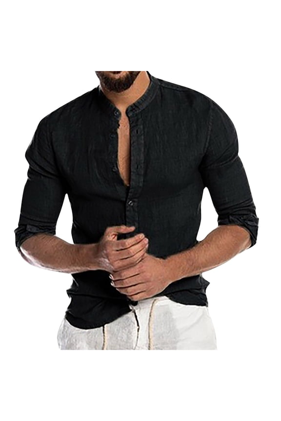 Long Sleeve Shirt Men Button V-Neck Long Sleeve T-Shirt Fall Solid Loose Blouse Tops