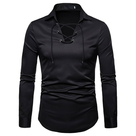 Fesfesfes Long Sleeve Shirt Men Lace Slim Fit Solid Long Sleeve Turndown Pullover Shirts Tops Blouse