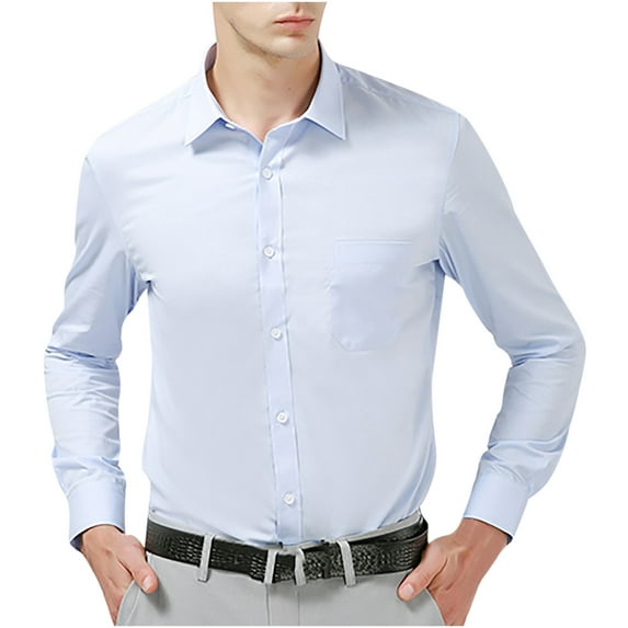 Fesfesfes Long Sleeve Shirt Men Turndown Solid Business Pocket Slim Fit Buttons Long Sleeve Shirt