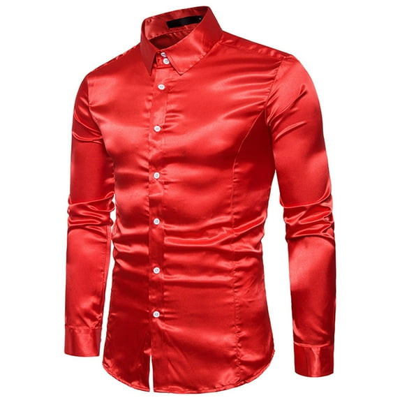 Fesfesfes Long Sleeve Shirt Mens High Quality Casual Glossy Long-Sleeved Lapel Shirt Clearance