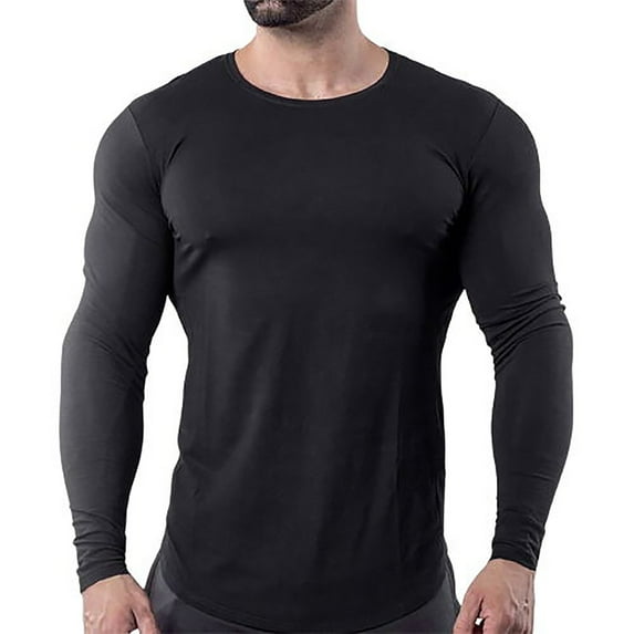 Fesfesfes Long Sleeve Shirt Mens Solid Color Round Neck Fitness Long-sleeved T-shirt Top Clearance