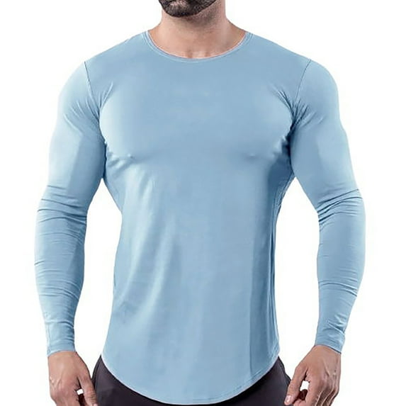 Fesfesfes Long Sleeve Shirt Mens Solid Color Round Neck Fitness Long-sleeved T-shirt Top Sale Items