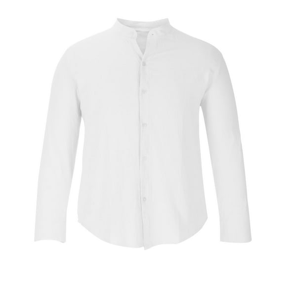 Fesfesfes Long Sleeve Shirt for Men Casual Solid Cotton Linen Stand Collar Button Long Sleeve Shirt On Sale
