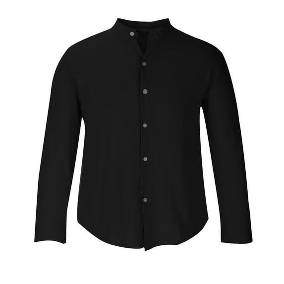 Fesfesfes Long Sleeve Shirt for Men Casual Solid Cotton Linen Stand Collar Button Long Sleeve Shirt