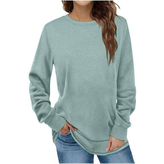 Fesfesfes Long Sleeve Tops for Women Fashion Fall Loose Tops Solid Color Round-Neck Pullover Blouse On Sale