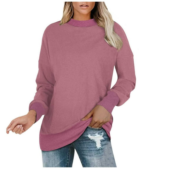 Fesfesfes Long Sleeve Tops for Women Fashion Fall Loose Tops Solid Color Round-Neck Pullover Blouse Summer Saving Sale