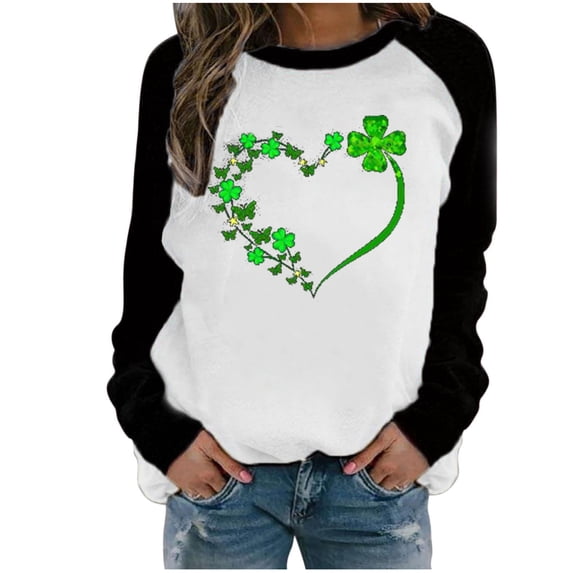 Fesfesfes Long Sleeve Tops for Women Raglan Patchwork St. Patrick's Day Heart Printed Round Neck Shirt Casual Tee Tops
