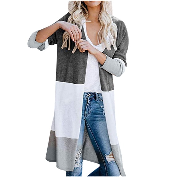 Fesfesfes Loose Cardigan Ladies Paneled Contrast Striped Pocket Cardigan Long Jacket On Sale