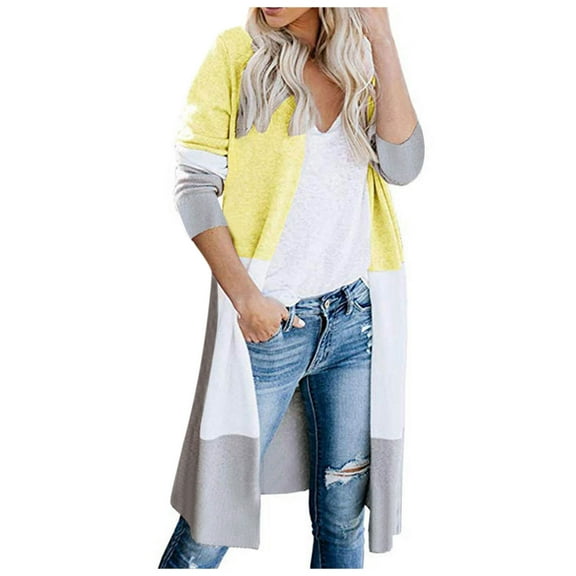 Fesfesfes Loose Cardigan Ladies Paneled Contrast Striped Pocket Cardigan Long Jacket