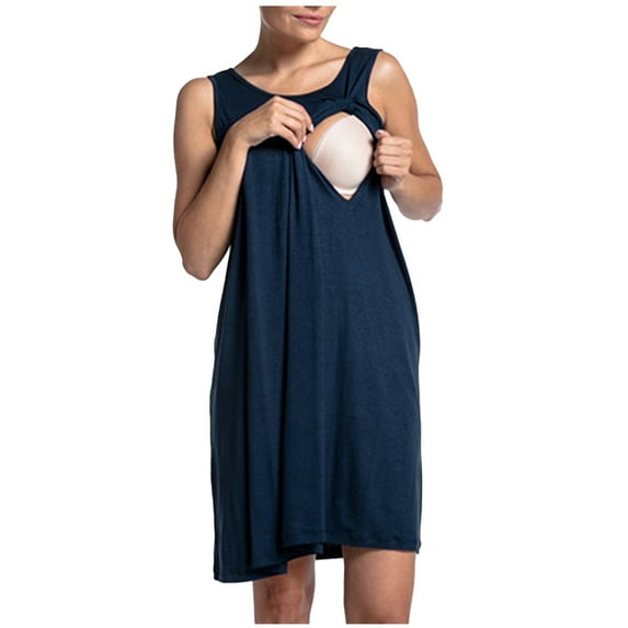Fesfesfes Loose Fits Maternity Dress Short Sleeve Breastfeeding Neck Solid Color Summer Pregnancy Dress for Women Comfortable Large Size(Dark Blue#1,L)