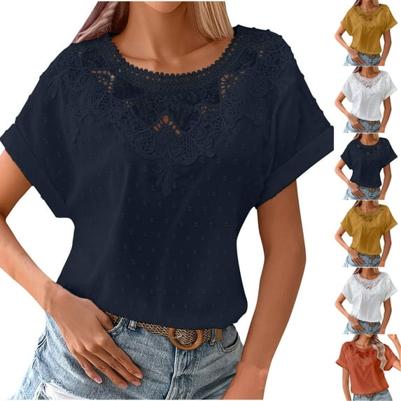 Fesfesfes Loose Fitting Tops for Women Fashion Women Summer Flare Sleeve 3/4 Floral Lace Office Lady Blouse Tops Short Sleeves Shirts for Women M(US:6)