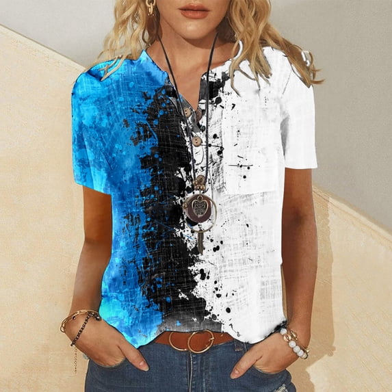 Fesfesfes Loose Fitting Tops for Women Summer Casual Short Sleeve T-Shirt Button Round Neck Pullover Blouse Tops Short Sleeve Tshirts Shirts for Women L(US:8)