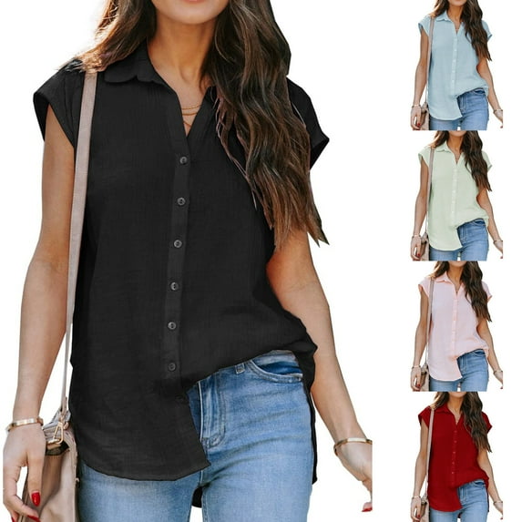Fesfesfes Loose Fitting Tops for Women's Summer Casual Short Sleeve Blouse Button Solid Color Turndown Collar T-Shirt Tops 6(M)