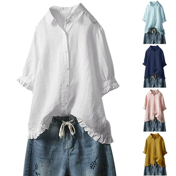 Fesfesfes Mama Tshirt Women Plus V-Neck Short Sleeve Loose Button Cotton And Linen Tunic Shirts Summer Shirts Blouse 14(XXXL)