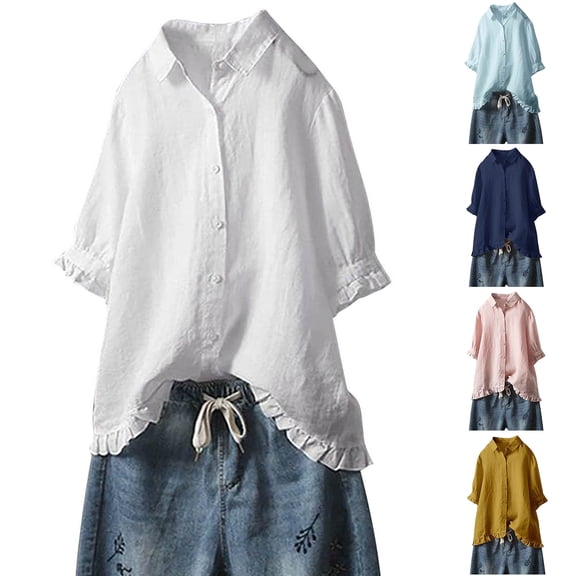Fesfesfes Mama Tshirt Women Plus V-Neck Short Sleeve Loose Button Cotton And Linen Tunic Shirts Summer Shirts Blouse 6(M)