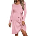 thumbnail image 1 of Fesfesfes Maternity Belted Dress Round Neck Long Sleeve Solid Color Adjustable Waist Skirt Flattering Pregnancy Dress for Women(Pink,L), 1 of 6