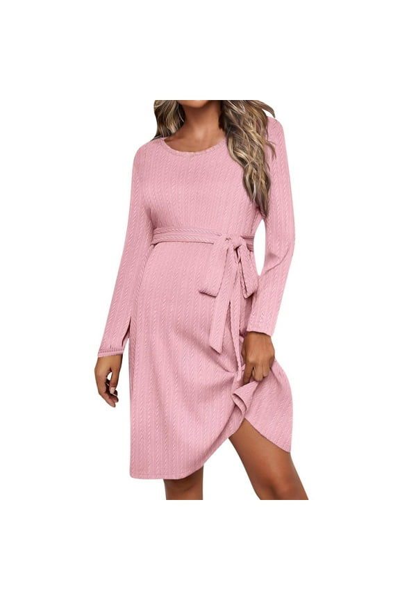 Maternity Belted Dress Round Neck Long Sleeve Solid Color Adjustable Waist Skirt Flattering Pregnancy Dress for Women(Pink,XL)