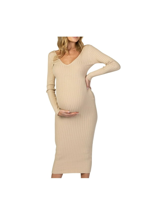 Maternity Bodycon Dress Long Sleeve Solid Color Waistband Mid Length Tight Fits Pregnancy Dress for Women Everyday Wear(Beige,S)