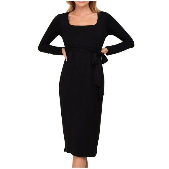 Fesfesfes Maternity Bodycon Dress Long Sleeve Solid Color Waistband Mid Length Tight Fits Pregnancy Dress for Women Everyday Wear(Black#1,M)