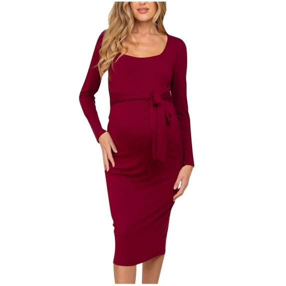 Fesfesfes Maternity Bodycon Dress Long Sleeve Solid Color Waistband Mid Length Tight Fits Pregnancy Dress for Women Everyday Wear(Wine#1,XL)