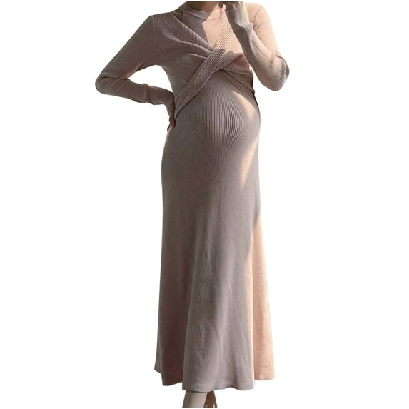 Fesfesfes Maternity Dress Knitted Solid Color Elegant Long Skirt Breathable Pregnancy Dress for Women Comfortable Wear(Pink,Free Size)