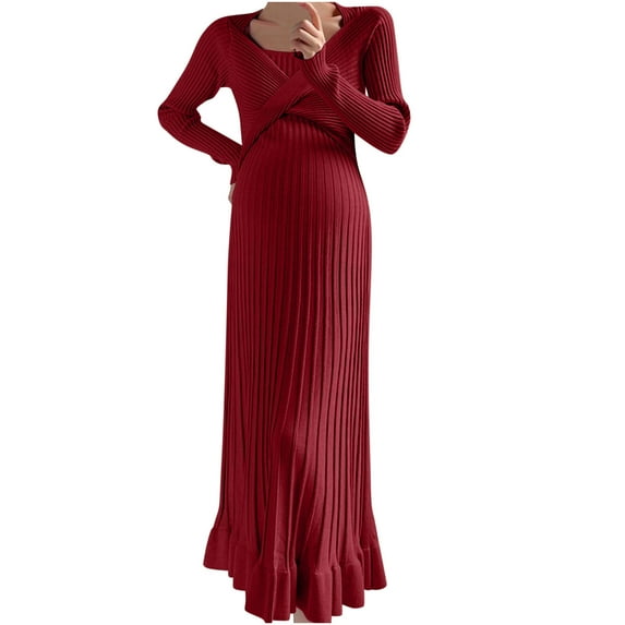 Fesfesfes Maternity Dress Knitted Solid Color Elegant Long Skirt Breathable Pregnancy Dress for Women Comfortable Wear(Red#1,Free Size)