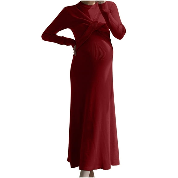 Fesfesfes Maternity Dress Knitted Solid Color Elegant Long Skirt Breathable Pregnancy Dress for Women Comfortable Wear(Red,Free Size)