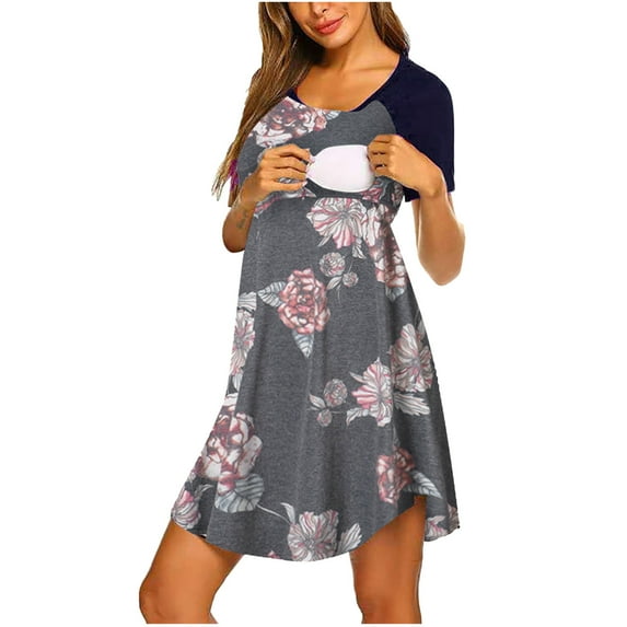 Fesfesfes Maternity Dress for Women Round Neck Spring Dress Floral Print Breastfeeding Nursing Dress Casual Knee Length Short Sleeve Dress for Pregnant Women