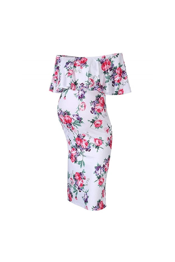Maternity Dress for Women Summer Floral Print Boho Dress Ruffle Patchwork Off Shoulder Dress Casual Tube Top Knee Length Short Sleeve Dress for Pregnant Women