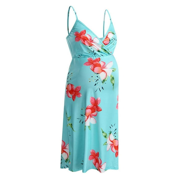 Fesfesfes Maternity Dress for Women V Neck Spring Camis Dress Floral Print Breastfeeding Nursing Dress Casual Tighten Waist Sleeveless Sling Dress for Pregnant Women