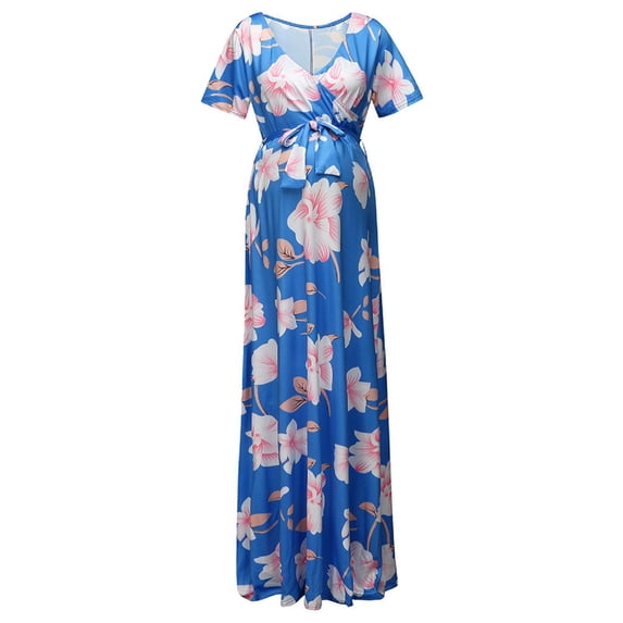 Fesfesfes Maternity Dress for Women V Neck Spring Flowy Dress Floral Print Breastfeeding Nursing Dress Casual Waist Lace Up Short Sleeve Dress for Pregnant Women