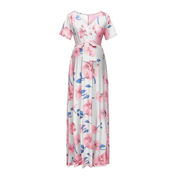 Fesfesfes Maternity Dress for Women V Neck Summer Flowy Dress Floral Print Breastfeeding Nursing Dress Casual Waist Lace Up Short Sleeve Dress for Pregnant Women