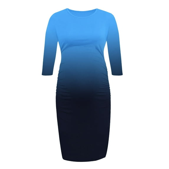 Fesfesfes Maternity Everyday Dress Long Sleeve Round Neck Solid Color Comfortable Pregnancy Dress for Women Office or Casual Wear(Blue,L)